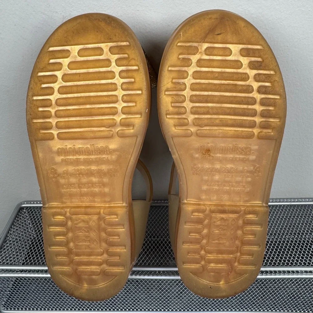 MINI MELISSA Barbie Girls Gold Jelly Bow Mary Jane Velcro Sandals Toddler 9